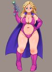  belly blonde_hair blue_eyes breasts cape covered_nipples curvy elbow_gloves gloves highres kawacchi_hirohiro large_breasts leotard long_hair plump puffy_nipples purple_leotard serena_s solo ultionus:_a_tale_of_petty_revenge 