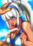  bad_id bad_pixiv_id bangs bar_censor blue_eyes blush breast_squeeze breasts censored clothed_female_nude_male covered_nipples dark_skin fellatio hair_ribbon hairband hand_on_another's_head large_breasts licking long_hair looking_down majikina_mina nude ocean oral paizuri paizuri_under_clothes penis piyopiyomen ponytail ribbon samurai_spirits sideboob silver_hair snk solo_focus sweat 