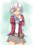  eiyuu_densetsu fie_claussell hand_to_own_mouth highres one_eye_closed plaid plaid_skirt pouch roura school_uniform sen_no_kiseki short_hair silver_hair skirt solo uniform yellow_eyes 