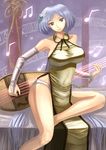  amibazh beamed_eighth_notes breasts china_dress chinese_clothes dress eighth_note highres huge_breasts instrument lavender_hair looking_at_viewer lute_(instrument) musical_note panties short_hair sitting smile solo touhou tsukumo_benben underwear 