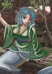  amibazh blue_eyes blue_hair breasts cleavage curly_hair dress flower green_dress head_fins highres japanese_clothes kimono large_breasts lily_pad long_sleeves looking_at_viewer mermaid monster_girl obi sash short_hair sitting solo swamp touhou tree wakasagihime water wide_sleeves 