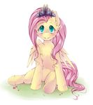  cyan_eyes equine female feral flower fluttershy_(mlp) friendship_is_magic fur grass hair horse long_hair mammal missangest my_little_pony pegasus pink_hair plain_background pony sitting smile solo tiara white_background wings yellow_fur 