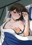  blush breasts brown_eyes brown_hair futon jewelry kaga_(kantai_collection) kantai_collection large_breasts ring short_hair side_ponytail solo translation_request under_covers yano_toshinori 