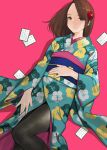  1girl black_legwear brown_eyes brown_hair hair_ornament hanafuda highres japanese_clothes kimono long_hair looking_at_viewer lying on_back original pantyhose parted_lips pink_background sash shadow simple_background solo yomu_(sgt_epper) 