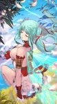  absurdres aqua_hair armlet bare_shoulders bow breasts bridal_gauntlets cleavage closed_eyes cloud commentary_request day divine_girls fairy highres large_breasts long_hair ocean petals pointy_ears qbspdl sitting sky solo wings 