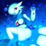  1girl artist_request breasts cleavage female flower gardevoir green_hair hair_over_one_eye mogura_(susutake) nintendo no_humans open_mouth partially_submerged petals pokemon pokemon_(game) red_eyes rose short_hair solo water 