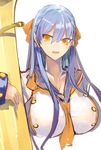  blue_hair breasts large_breasts long_hair looking_at_viewer pupps simple_background smile solo white_background yellow_eyes 