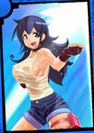  bad_id bad_pixiv_id black_hair breasts brown_eyes choker covered_nipples duel_masters fighting_stance fingerless_gloves gloves highres huge_breasts long_hair misoshiro_(shijimi) nipples see-through shorts solo sparkle tank_top tasogare_mimi thigh_pouch wet wet_clothes 