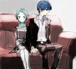  1girl aqua_hair blue_hair blush couch couple hetero holding_hands pantyhose persona persona_3 school_uniform short_hair sitting sutei_(giru) yamagishi_fuuka yuuki_makoto 