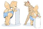  anthro bent_over canine chest_tuft clothing duo fur hot_dogging male mammal penis precum raised_tail saliva shorts surprise_buttsex tuft wardrobe_malfunction water_fountain xxylas xylas 