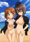  2girls :o beach blush breasts brown_eyes brown_hair cloud female garrison_cap girl girls_und_panzer hat highres jacket jacket_on_shoulders large_breasts megami multiple_girl multiple_girls navel nipples nishizumi_maho nishizumi_miho nude nude_filter ocean open_mouth photoshop pussy short_hair siblings sisters sky sugimoto_isao thighs uncensored water 