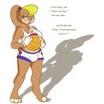  3_toes alpha_channel anthro arnachy basketball blonde_hair brown_fur bulge clothing dialog dickgirl english_text fur gloves green_eyes hair intersex lagomorph lola_bunny looking_at_viewer looney_tunes mammal open_mouth plain_background rabbit shadow solo space_jam text transparent_background warner_brothers 