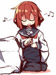  1girl :d admiral_(kantai_collection) beamed_sixteenth_notes blush brown_hair closed_eyes ear_cleaning eighth_note fang ikazuchi_(kantai_collection) kantai_collection lap_pillow long_sleeves mimikaki musical_note nanateru open_mouth pantyhose school_uniform seiza serafuku short_hair sitting smile 