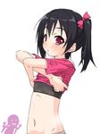  black_hair blush bow flat_chest hair_bow k10k looking_at_viewer love_live! love_live!_school_idol_project multiple_girls navel no_pants off_shoulder panties polka_dot polka_dot_panties red_eyes shirt shirt_lift short_sleeves silhouette simple_background t-shirt toujou_nozomi underwear undressing white_background white_panties yazawa_nico 