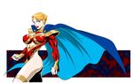  blonde_hair blue_eyes breasts cape cleavage_cutout clenched_hands eighth_wonder haruka_athena impossible_clothes large_breasts leotard lips lipstick makeup mature muscle muscular_female red_leotard sabachiyo_land short_hair skin_tight solo superhero uchi_no_musume_ni_te_wo_dasuna! 