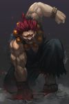  absurdres beads dark_skin dark_skinned_male dougi glowing glowing_eyes gouki ground_shatter highres male_focus muscle prayer_beads punching red_eyes red_hair rope sandals serious sleeveless solo street_fighter toes topknot tsubasa19900920 