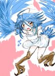  ahoge blue_hair blue_wings blush_stickers dress fang feathered_wings feathers flat_chest harpy monster_girl monster_musume_no_iru_nichijou olsa_(oftintys) papi_(monster_musume) red_eyes solo tail_feathers talons white_dress wings 