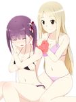  2girls bikini black_hair blonde_hair blush brown_eyes eyes_closed long_hair minami_shizuku multiple_girls noda_kotone sakura_trick swimsuit twintails yuri 