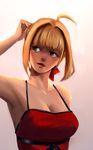  3four ahoge bare_shoulders blonde_hair breasts cleavage dress fate/extra fate_(series) green_eyes hair_intakes hair_ribbon large_breasts lipstick makeup modern_costume_of_crimson nero_claudius_(fate) nero_claudius_(fate)_(all) red_dress ribbon short_hair solo spaghetti_strap 