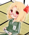  ahoge bespectacled blonde_hair character_name controller game_controller glasses hair_ribbon indoors koji_(kohei66) looking_at_viewer red_eyes ribbon rubber_band rumia semi-rimless_eyewear short_hair solo tatami touhou track_suit triangle_mouth under-rim_eyewear 