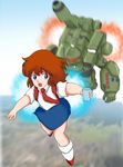  blue_eyes brown_hair chasing child cup daicon daicon_bunny_girl daicon_iii flying mecha mobile_infantry necktie skirt tie uchuu_no_senshi water 