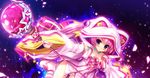  absurdres animal_hood benifuzi_yuria blue_eyes blush cowboy_shot dutch_angle frills highres hood hoodie light_particles long_sleeves looking_at_viewer oshiki_hitoshi panties pink_hair pink_panties robe sakigake_generation! staff standing striped striped_panties tareme underwear wand 