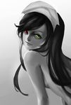  3four green_eyes headdress heterochromia lips long_hair looking_at_viewer looking_back monochrome nose nude red_eyes rozen_maiden smile solo spot_color suiseiseki 