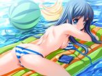  ass ball beachball bikini blue_eyes blue_hair breast_hold breasts butt_crack copyright_request inflatable_raft inflatable_toy long_hair lotion medium_breasts non-web_source senomoto_hisashi sideboob solo sunbathing sunscreen swimsuit unfastened watermelon_beachball 