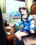  blue_eyes brown_hair cafe cb cup hood hoodie long_hair non-web_source original solo twintails 