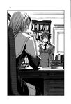  ^_^ book bookshelf chair closed_eyes desk formal greyscale highres indoors karian_loss koukaku_no_regios layfon_alseif long_sleeves miyuu monochrome multiple_boys necktie office shaded_face sitting standing suit 