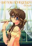  absurdres bracelet brown_hair carnelian copyright_request glasses green_eyes hair_ribbon highres jewelry long_hair pencil ribbon scan solo twintails wooden_pencil 