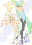  animal_ears aqua_eyes armpits arms_behind_head bad_id bad_pixiv_id bent_over blonde_hair blush bunny_ears bunnysuit chitose_gitsune flat_chest flower gradient gradient_hair green_eyes green_hair hair_ornament hair_ribbon hairclip hatsune_miku high_heels kagamine_rin long_hair multicolored_hair multiple_girls pantyhose pose ribbon shoes short_hair smile twintails very_long_hair vocaloid 