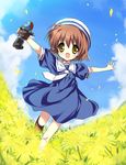  brown_eyes brown_hair clannad cloud day flower hat okazaki_ushio open_mouth paco robot short_hair sky solo toy 