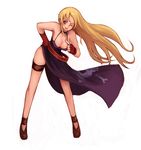  blonde_hair blue_eyes bonne_jenet breasts cleavage dress fatal_fury fingerless_gloves gloves kara_(color) large_breasts long_hair mark_of_the_wolves one_eye_closed pirate pointing smile snk solo wind 