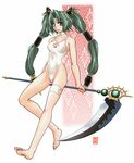  arala_cran artist_request barefoot breasts feet large_breasts one-piece_swimsuit scythe shikigami_no_shiro solo swimsuit twintails 