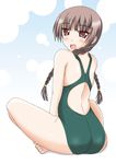  ass barefoot braid brown_eyes brown_hair competition_swimsuit hair_over_shoulder indian_style long_hair looking_back maria-sama_ga_miteru non-web_source one-piece_swimsuit open_mouth shimazu_yoshino sitting solo swimsuit twin_braids 