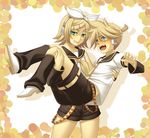  1girl blonde_hair blush brother_and_sister carrying green_eyes grin kagamine_len kagamine_rin naughty_face princess_carry siblings smile terumii twins vocaloid you_gonna_get_raped 