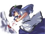  blood blue_hair food fruit hat hinanawi_tenshi long_hair no_nose peach punching red_eyes simple_background solo tears touhou umakatsuhai 