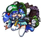  backpack bag game_console hair_bobbles hair_ornament ichi_(ichikai) kawashiro_nitori key keychain one_eye_closed solo thighhighs touhou two_side_up white_legwear yukkuri_shiteitte_ne 