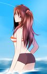  back blue_eyes boyshorts butt_crack day from_behind koutarou_(farthest) long_hair looking_back neon_genesis_evangelion ocean orange_hair outdoors shorts sky solo souryuu_asuka_langley striped wading water 