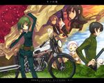  3girls androgynous bad_id bad_pixiv_id black_hair brough_superior character_request coat dog flower green_eyes green_hair ground_vehicle gun handgun hermes kino kino_no_tabi motor_vehicle motorcycle multiple_boys multiple_girls renta_(deja-vu) reverse_trap revolver riku_(kino_no_tabi) shizu sword tea_(kino_no_tabi) weapon 