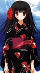  animal_print bandaid bandaid_on_face black_hair copyright_request fish_print flower japanese_clothes kimono long_hair mitsumi_misato non-web_source red_eyes solo 