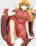  barefoot blonde_hair blue_eyes dress earrings elbow_gloves feet gloves greek_toe holding holding_shoes jewelry mario_(series) masao pink_dress princess_peach shoes shoes_removed single_shoe sitting solo super_mario_bros. toes 