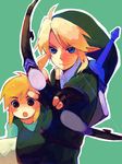  artist_request blonde_hair blue_eyes bow_(weapon) dual_persona gloves hat link male_focus master_sword multiple_boys pointy_ears shield sword the_legend_of_zelda weapon young_link 