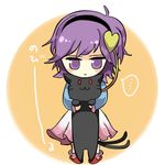  1girl :3 ahoge bad_id bad_pixiv_id black_hairband blush_stickers cat chibi hairband heart kaenbyou_rin kaenbyou_rin_(cat) komeiji_satori long_sleeves lowres multiple_tails pink_skirt pleated_skirt popoin purple_eyes purple_hair short_hair skirt sleeves_past_wrists slippers solo speech_bubble spoken_ellipsis tail touhou 