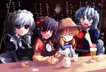  alcohol bar beer drink hair_ornament hat izayoi_sakuya leaf_hair_ornament milk moriya_suwako multiple_girls sake shin_(new) touhou translated whiskey yagokoro_eirin yasaka_kanako 