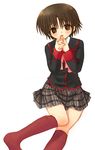  blush bob_cut brown_eyes brown_hair crossdressing heart kikurage_esuko kneehighs little_busters! male_focus naoe_riki open_mouth otoko_no_ko plaid plaid_skirt ribbon school_uniform short_hair skirt socks solo tears thighhighs white_background 