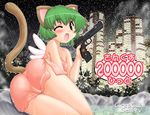  animal_ears ass bare_shoulders blush cat_ears cat_tail fang flat_chest green_eyes green_hair gun hase_yu hits impossible_towel left-handed naked_towel nyano one_eye_closed original short_hair smile solo tail tail_through_clothes towel weapon wet wet_clothes wings 