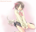  bob_cut bow cat crossdressing lennon little_busters! lowres male_focus naoe_riki otoko_no_ko pink_bow ribbon school_uniform skirt skirt_lift socks solo 