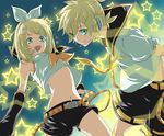  1girl bad_id bad_pixiv_id belt blonde_hair brother_and_sister detached_sleeves green_eyes hair_ornament hairclip headphones kagamine_len kagamine_rin midriff navel open_mouth peony_(peony33) ribbon short_hair shorts siblings smile star twins vocaloid 